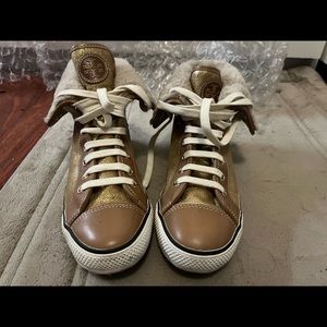 🌸Tory Burch Sahara beige metallic gold high top Benjamin sneakers